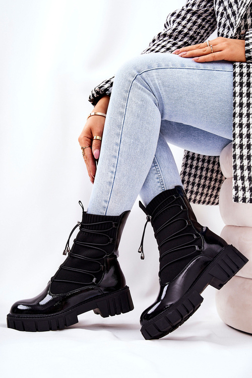 Lakierowane Botki Workery Ze Skarpetą Czarne Connor