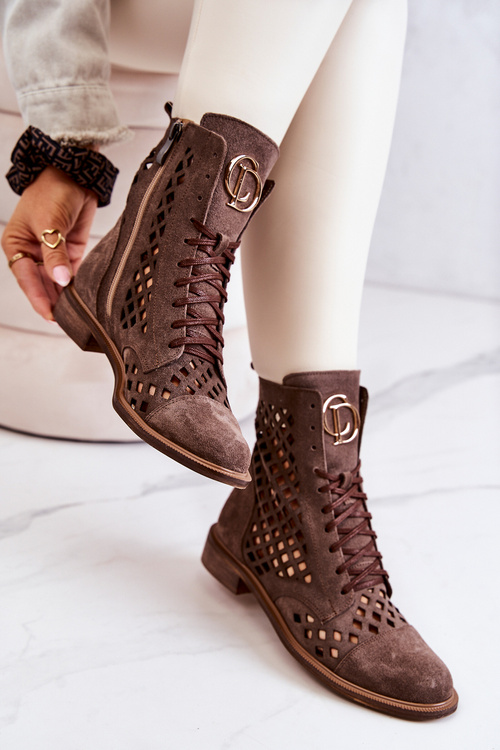 Ażurowe Skórzane Botki Nicole Brązowe 2695