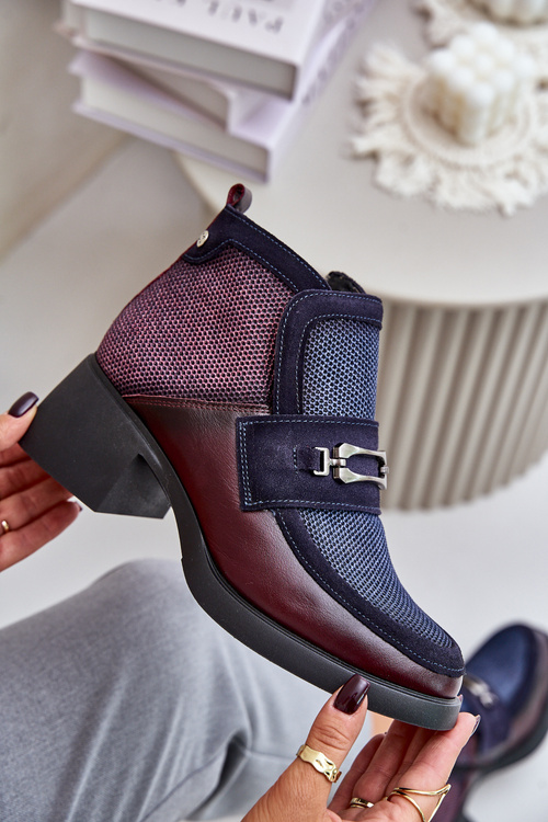 Skórzane Botki Damskie Na Masywnym Obcasie Z Ozdobą Maciejka 06747-23 Bordowo-Granatowe