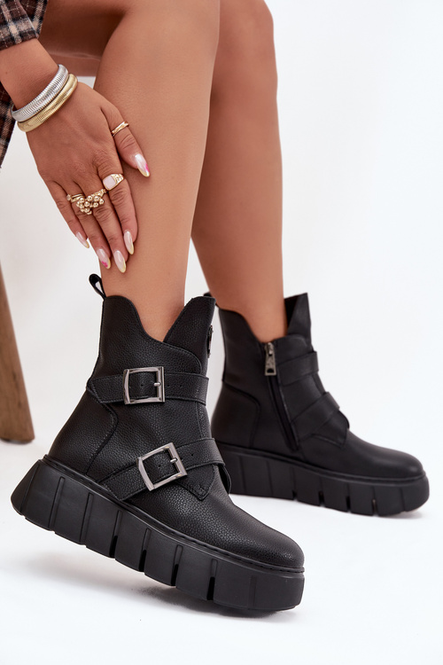 Skórzane Ocieplane Botki Damskie Na Platformie Z Klamrami Vinceza 66842 Czarne