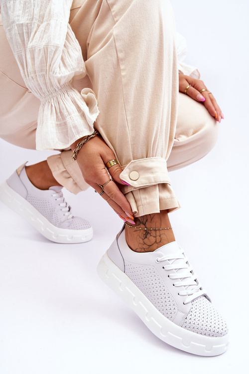 Skórzane Buty Sportowe Na Masywnej Platformie Białe Montigo