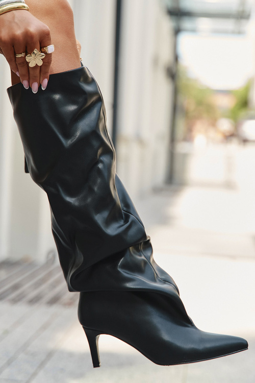 Kozaki Damskie Na Szpilce Wsuwane Z Marszczeniem Czarne Rosivine