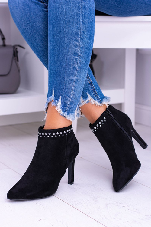 Damskie Czarne Botki Na Szpilce Nity Bemi