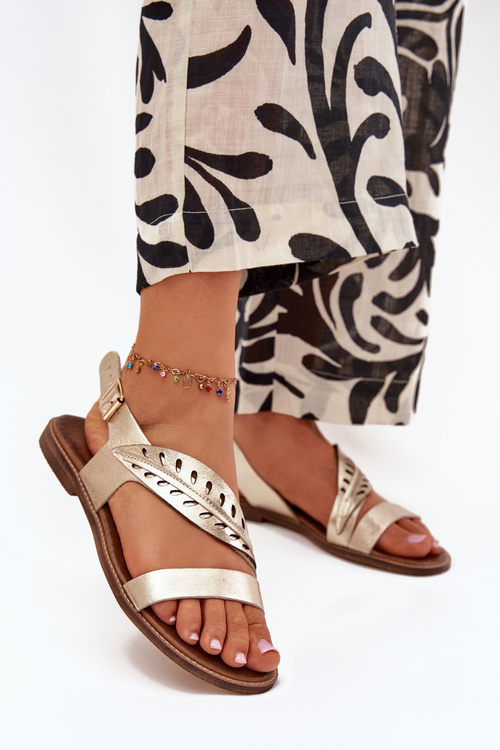 Sandały Damskie Z Naturalnej Skóry Na Płaskim Obcasie Zazoo 3564 Złote