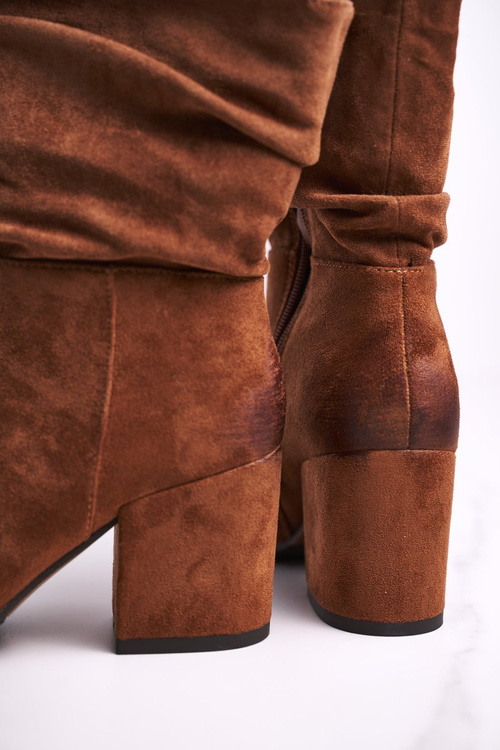 Botki Damskie Na Słupku Eko-Zamsz Camel Up Side