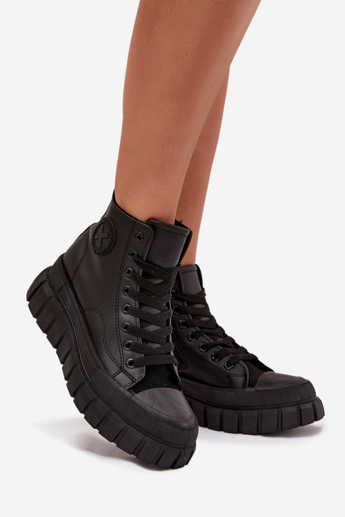 Ocieplane Wysokie Trampki Damskie Na Platformie Zamek Czarne Sarira