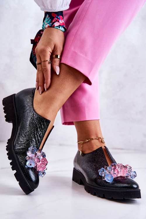 Eleganckie Skórzane Półbuty Z Ozdobą Ciemnozielone Cindy