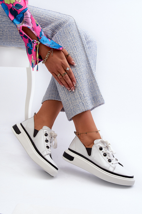 Lakierowane Sneakersy Damskie Skórzane D&A LR535 Białe