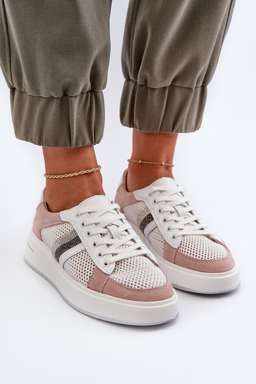 Sneakersy Skórzane Damskie D&A LR110 Biało-Różowe