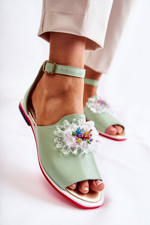 Damskie Skórzane Sandałki Z Ozdobą Zielone Nevassa