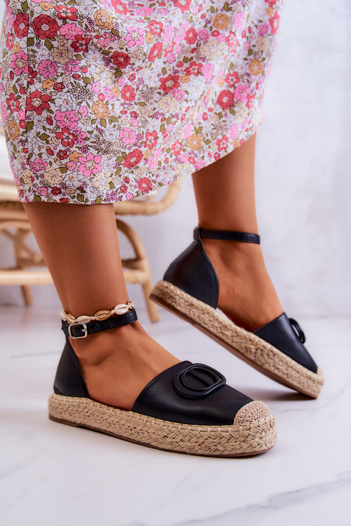 Skórzane Espadryle Z Ozdobą Czarne Nells