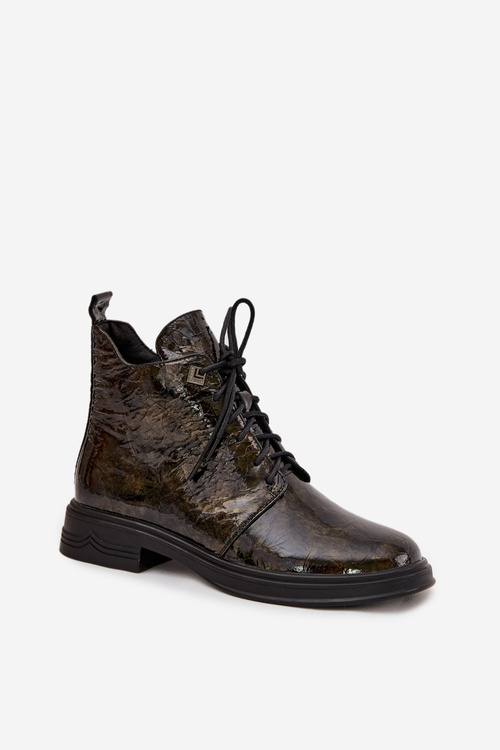 Skórzane Lakierowane Botki Damskie Ocieplane Na Zamek D&A LZ42-042 Złote