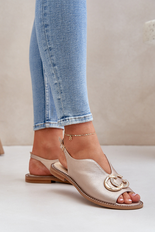 Skórzane Sandały Na Płaskim Obcasie Z Ozdobą Laura Messi 2865 Złote