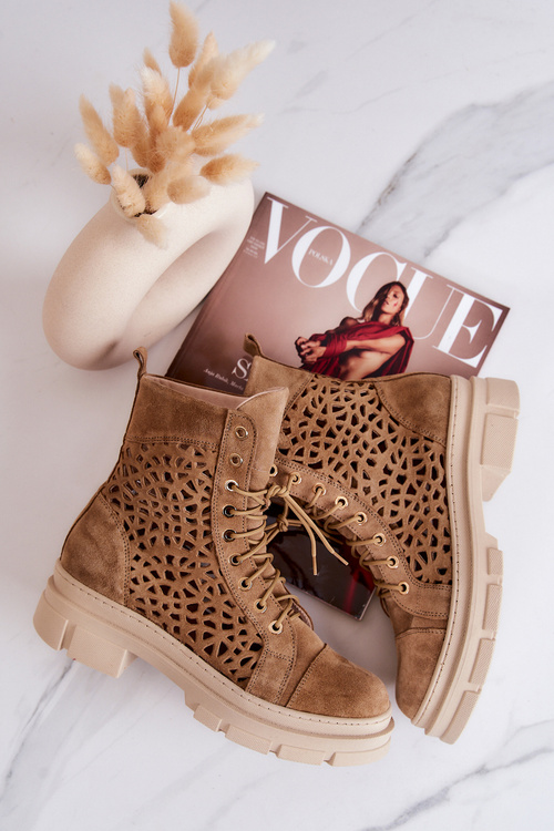 Zamszowe Ażurowe Botki Camel Aileen