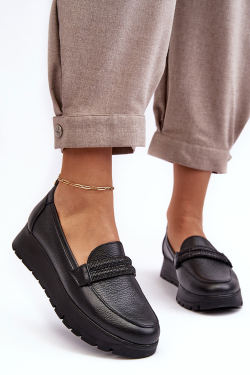 Skórzane Półbuty Na Platformie Z Ozdobą Czarne Lemar Lehira