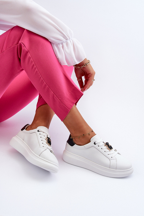 Skórzane Sneakersy Damskie Z Misiem Białe Mirven