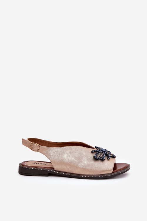 Połyskujące Sandały Damskie Z Ozdobą Płaskie Różowe Złoto Russona