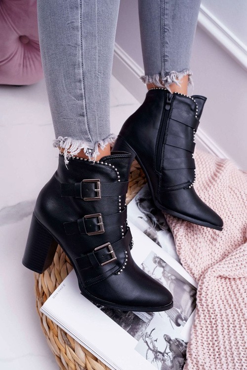 Botki Damskie Na Słupku Klamry Czarne Finbas