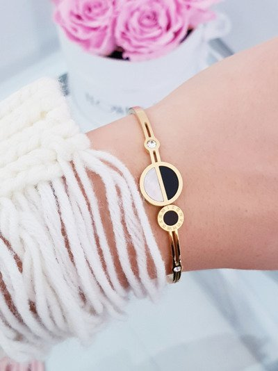 Damska Bransoleta Stalowa Cyrkonie Rzymskie Cyfry Złota Wega