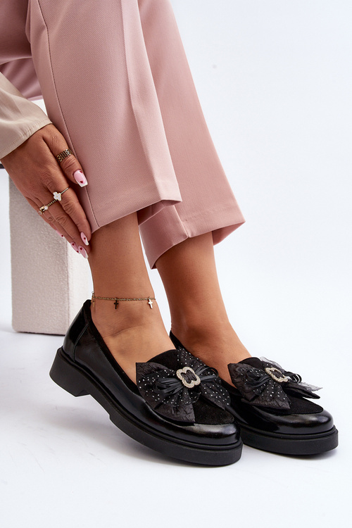 Damskie Lakierowane Mokasyny Z Kokardą Laura Messi 2786 Czarne