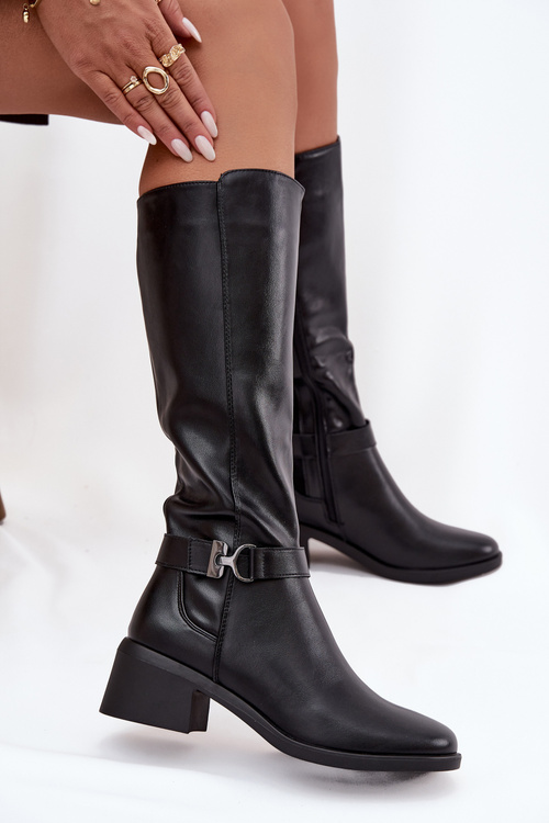 Ocieplane Kozaki Damskie Na Klocku Z Paskiem Sergio Leone KZ25826 Czarne