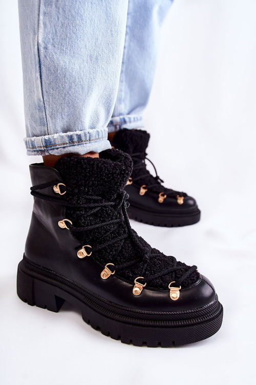 Skórzane Ocieplane Botki Trapery Czarne Arisa