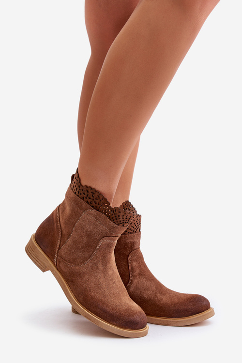 Niskie Botki Damskie Na Płaskim Obcasie Zamszowe Lewski 3624 Brązowe