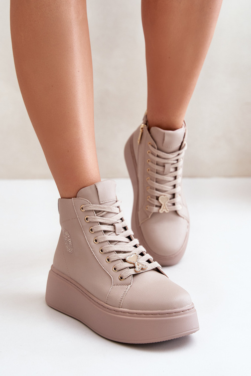 Wysokie Skórzane Sneakersy Damskie Na Platformie Vinceza 66707 Beżowe