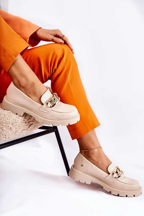 Skórzane Półbuty Loafery Łańcuch Jasnobeżowe Amicable