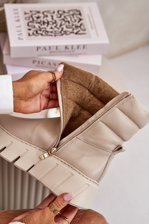 Zazoo 60512 Botki Damskie Skórzane Na Zamek Ocieplane Filcem Jasnobeżowe