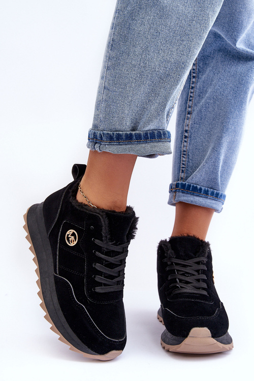 Ocieplane Skórzane Buty Sportowe Na Platformie Czarne Adite