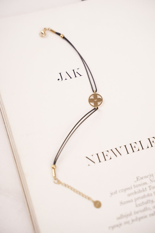 Damska Bransoletka Czarny Sznurek Celebrytka Złota Koniczynka Clara