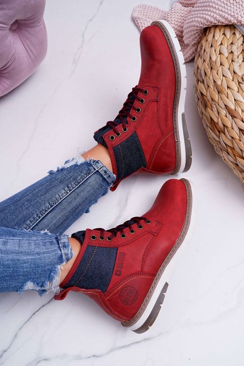 Damskie Botki Trapery Big Star Skórzane Bordowe EE274006