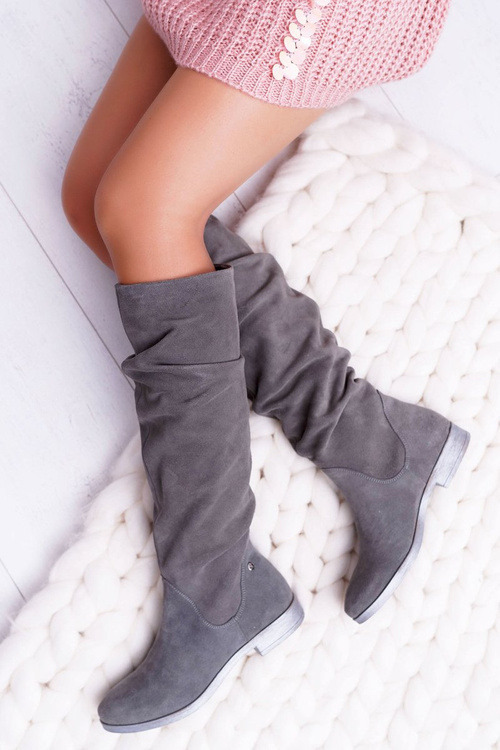 Kozaki Damskie Maciejka Skóra Zamsz Szare Pello