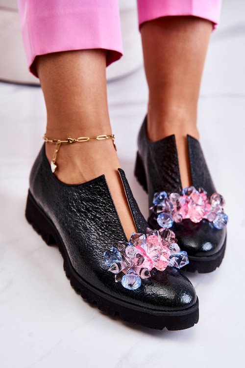 Eleganckie Skórzane Półbuty Z Ozdobą Ciemnozielone Cindy