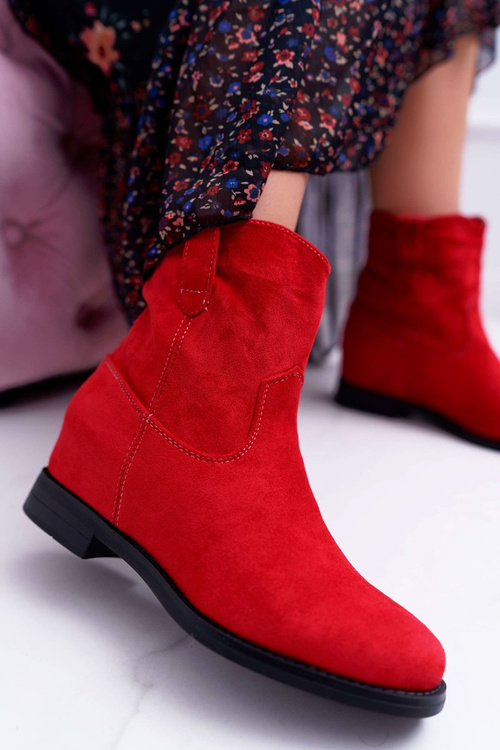 Botki Damskie Na Koturnie Płaski Obcas Ocieplane Za Kostkę Czerwone Demini