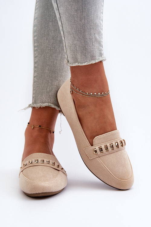 Błyszczące Mokasyny Damskie Z Łańcuchem Beżowe Aredilla