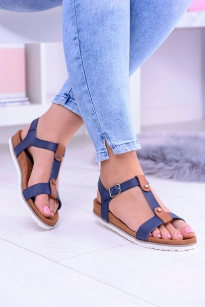 Granatowe Wygodne Sandały Damskie Płaskie Dubi