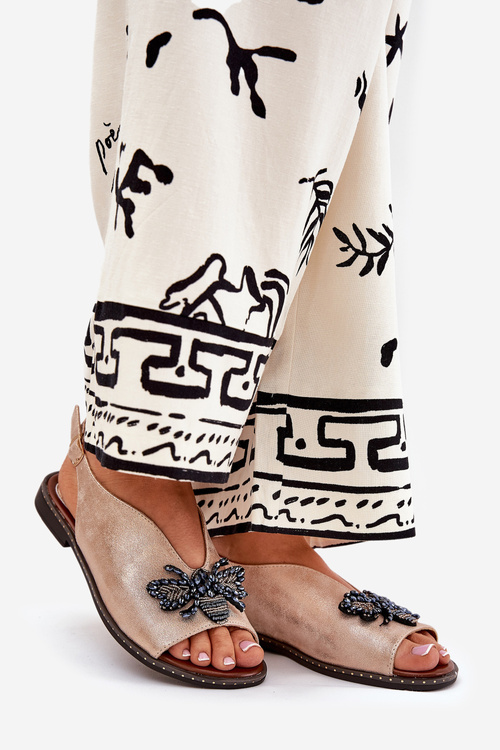 Połyskujące Sandały Damskie Z Ozdobą Płaskie Różowe Złoto Russona