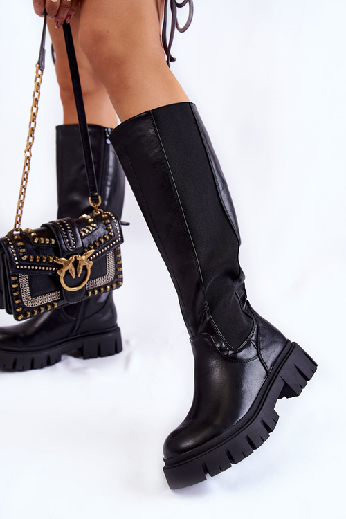 Damskie Kozaki Na Platformie Do Kolana Czarne Milania