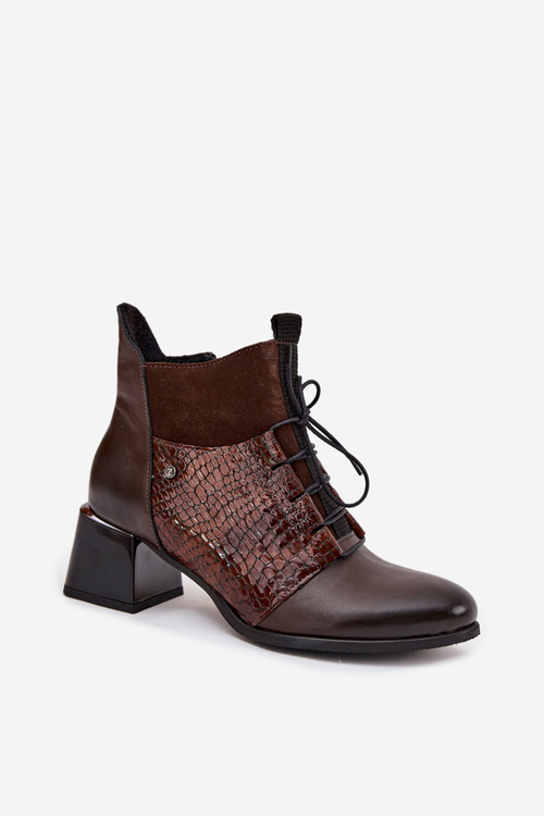 Zazoo 60503 Skórzane Botki Na Obcasie Ocieplane Czekoladowe