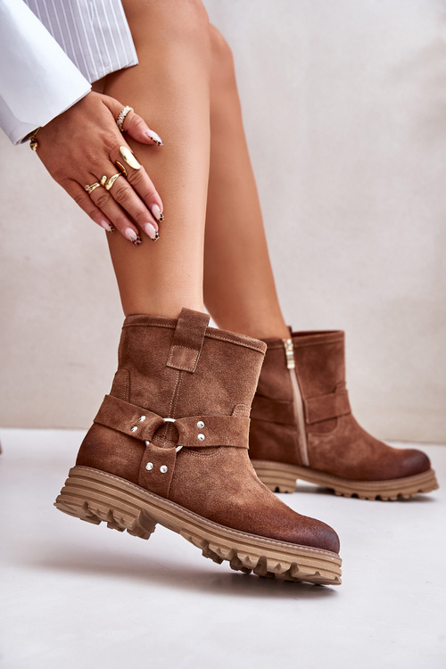 Zamszowe Botki Damskie Na Płaskim Obcasie Lewski 3610 Brązowe