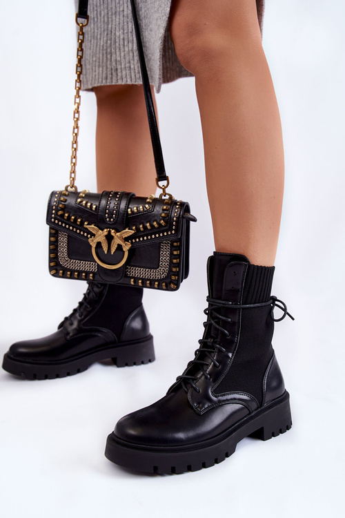 Skórzane Skarpetkowe Botki Sznurowane Czarne Riston