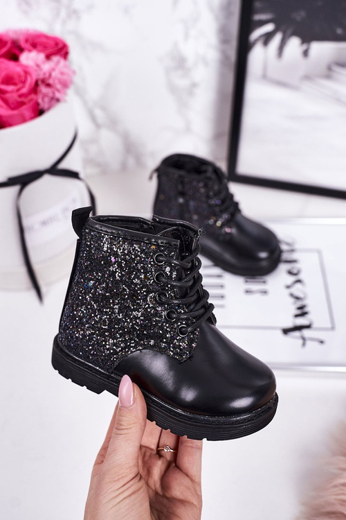 Dziecięce Brokatowe Ocieplane Botki Traperki Czarne Ariel