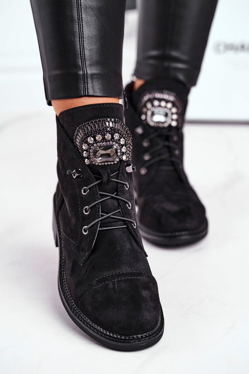 Damskie Botki Ciepłe Zamszowe Kryształki Czarne Hondus