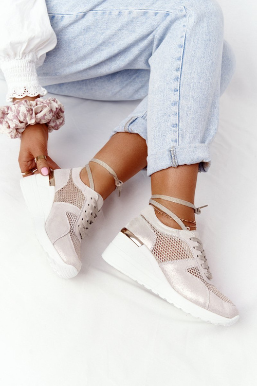 Skórzane Sneakersy Na Koturnie Z Siateczką S.Barski Złote