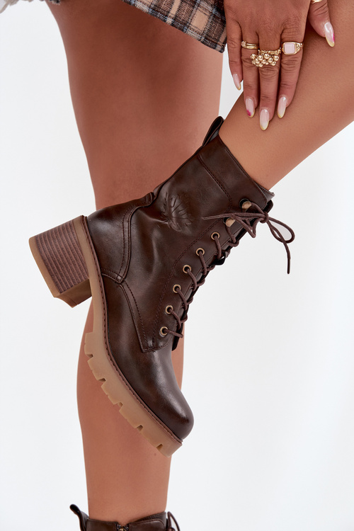 Botki Workery Damskie Na Klocku Ocieplane Vinceza 89136 Brązowe