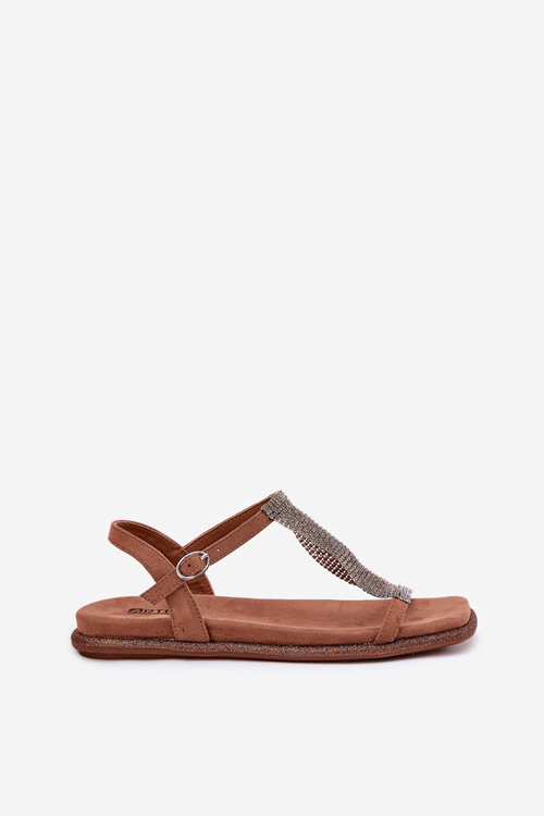 Płaskie Eleganckie Sandały Damskie Z Kryształkami Artiker 56C1365 Brązowe