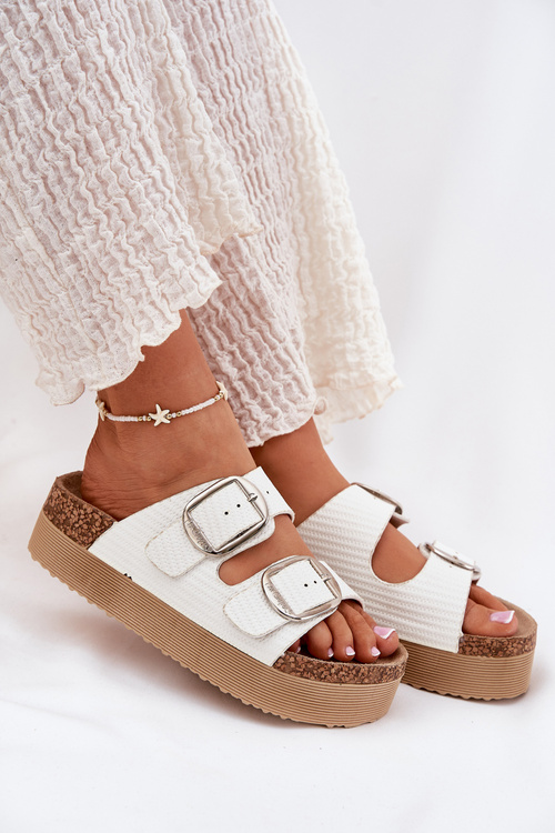 Klapki Damskie Platformie Z Klamrami Lee Cooper LCW-25-35-3496L Białe