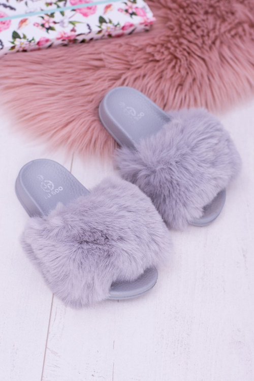 Lu Boo Dziecięce Szare Klapki Z Futerkiem Fur XXL Poli